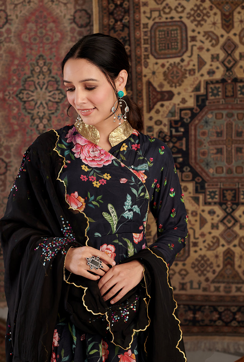 Black Floral Print Aalam Anarkali Set