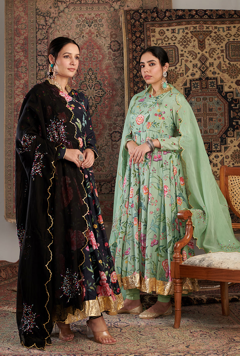 Black Floral Print Aalam Anarkali Set
