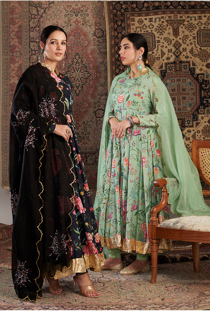 Black Floral Print Aalam Anarkali Set
