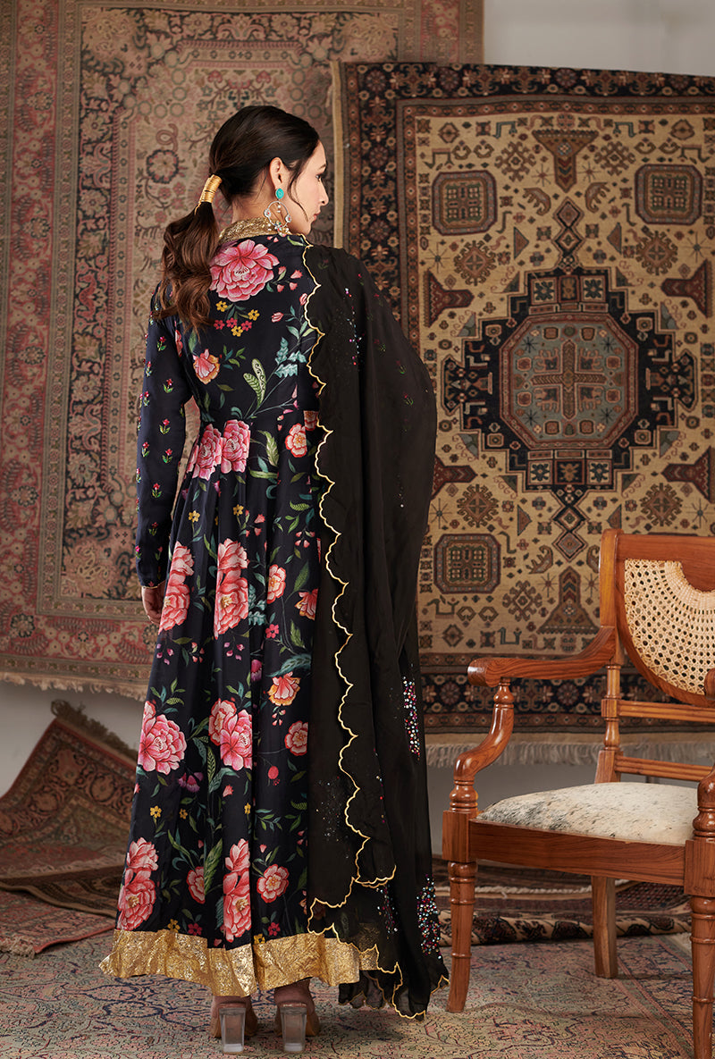 Black Floral Print Aalam Anarkali Set