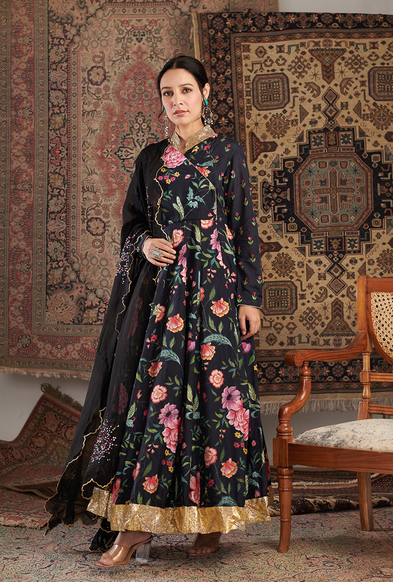 Black Floral Print Aalam Anarkali Set
