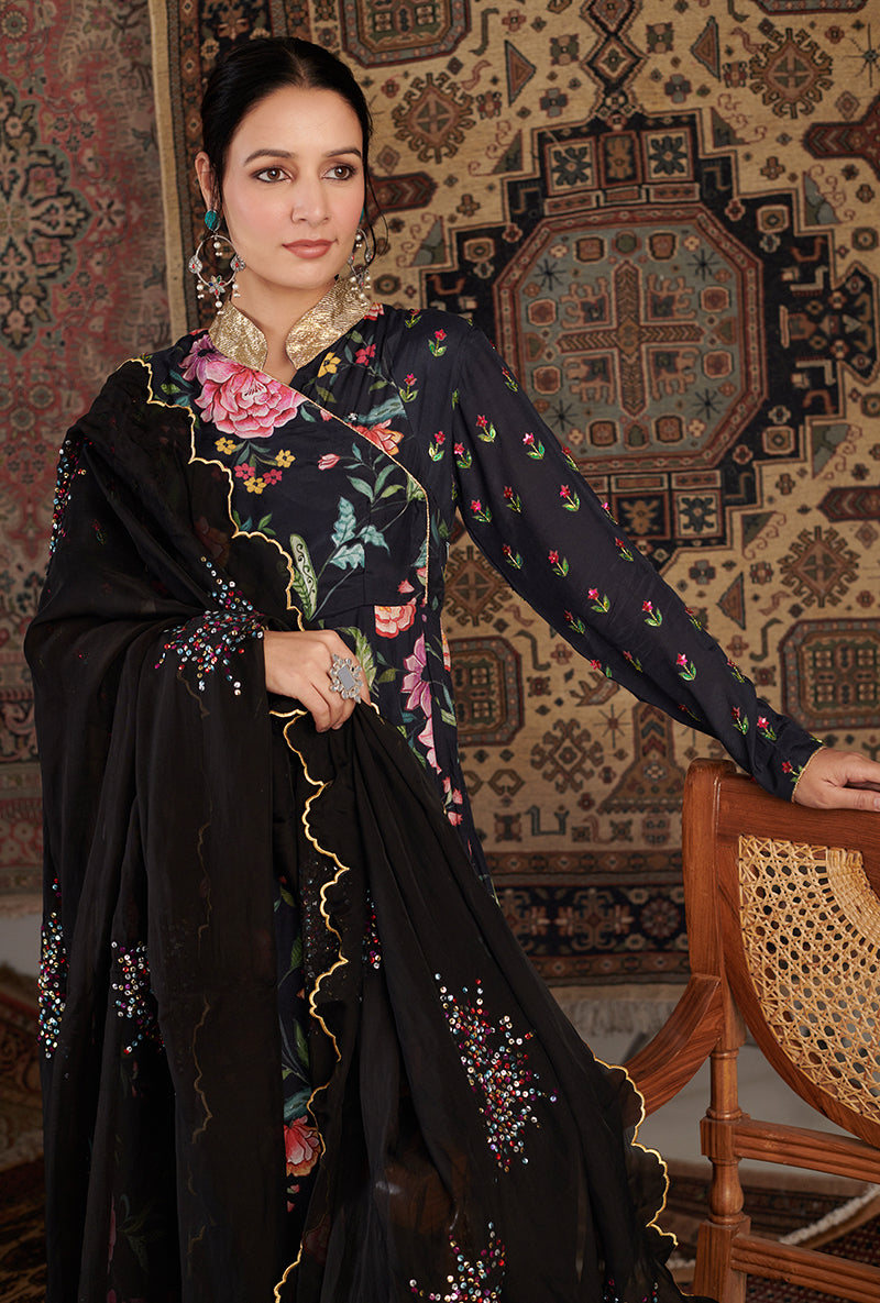 Black Floral Print Aalam Anarkali Set