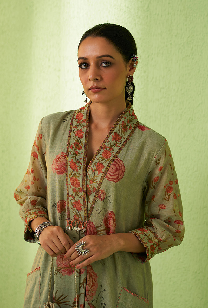 Mint Green High Collar Floral Print Kurta Set