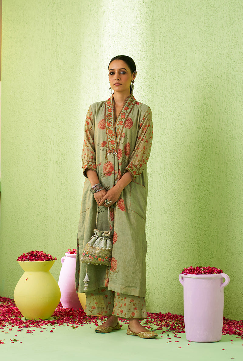 Mint Green High Collar Floral Print Kurta Set
