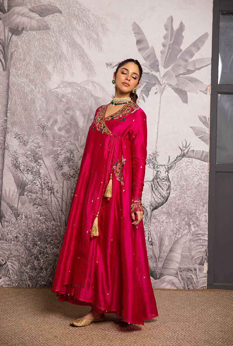 Rani Pink Zardozi Paisley Shaheen Angrakha Anarkali Set