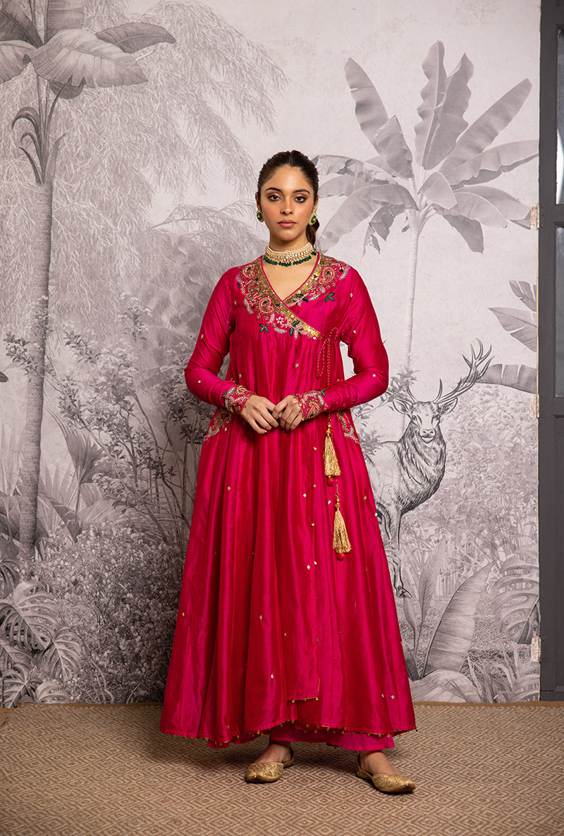 Rani Pink Zardozi Paisley Shaheen Angrakha Anarkali Set