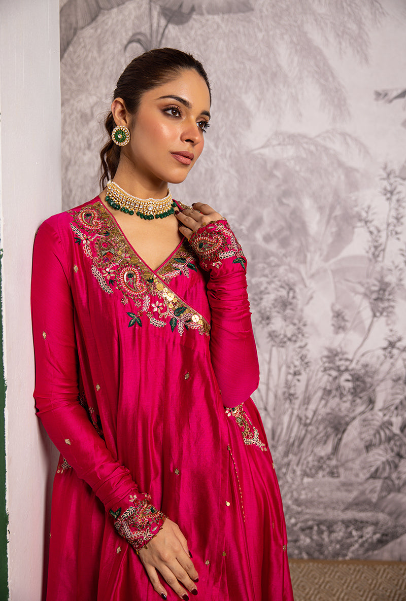 Rani Pink Zardozi Paisley Shaheen Angrakha Anarkali Set