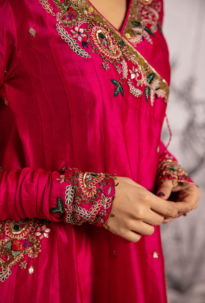 Rani Pink Zardozi Paisley Shaheen Angrakha Anarkali Set