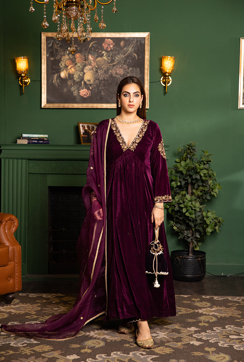 Wine Velvet Empire Line Dastaan Kurta Set