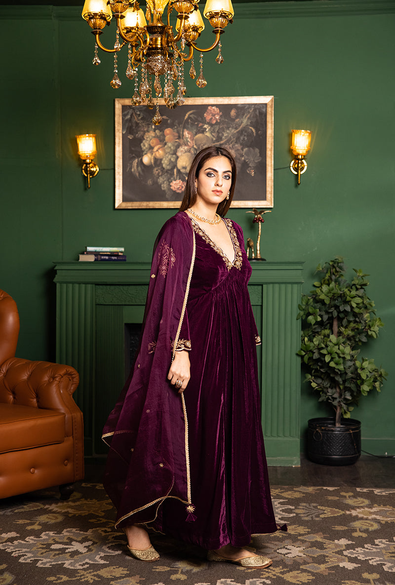 Wine Velvet Empire Line Dastaan Kurta Set