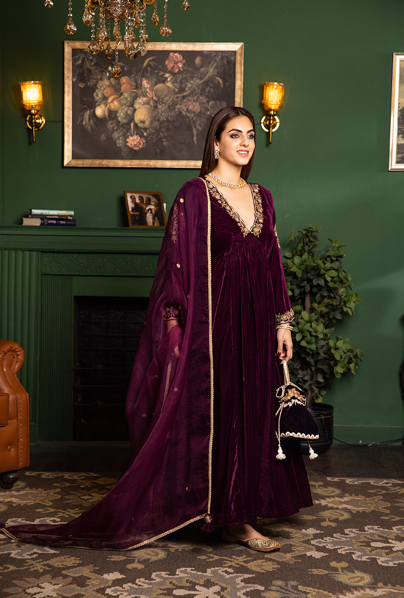 Wine Velvet Empire Line Dastaan Kurta Set