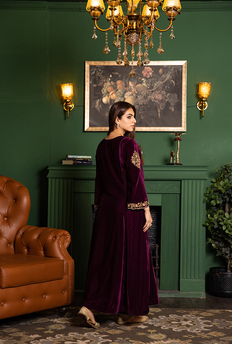 Wine Velvet Empire Line Dastaan Kurta Set