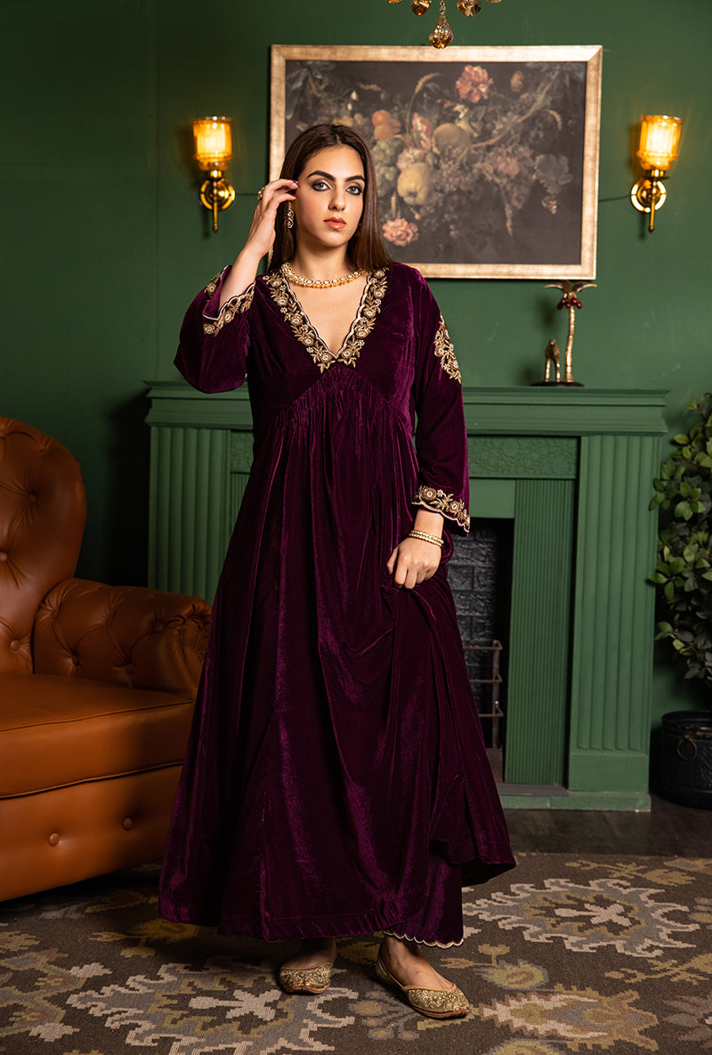 Wine Velvet Empire Line Dastaan Kurta Set