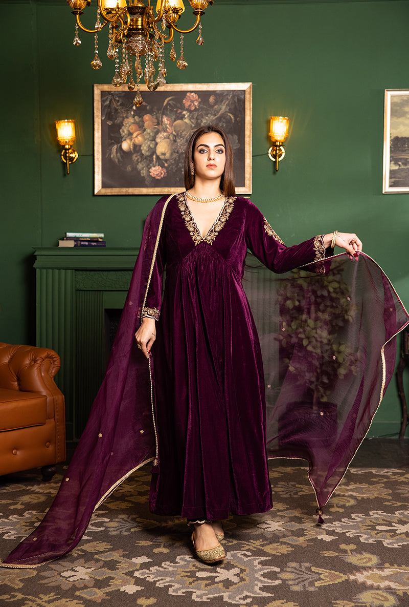 Wine Velvet Empire Line Dastaan Kurta Set