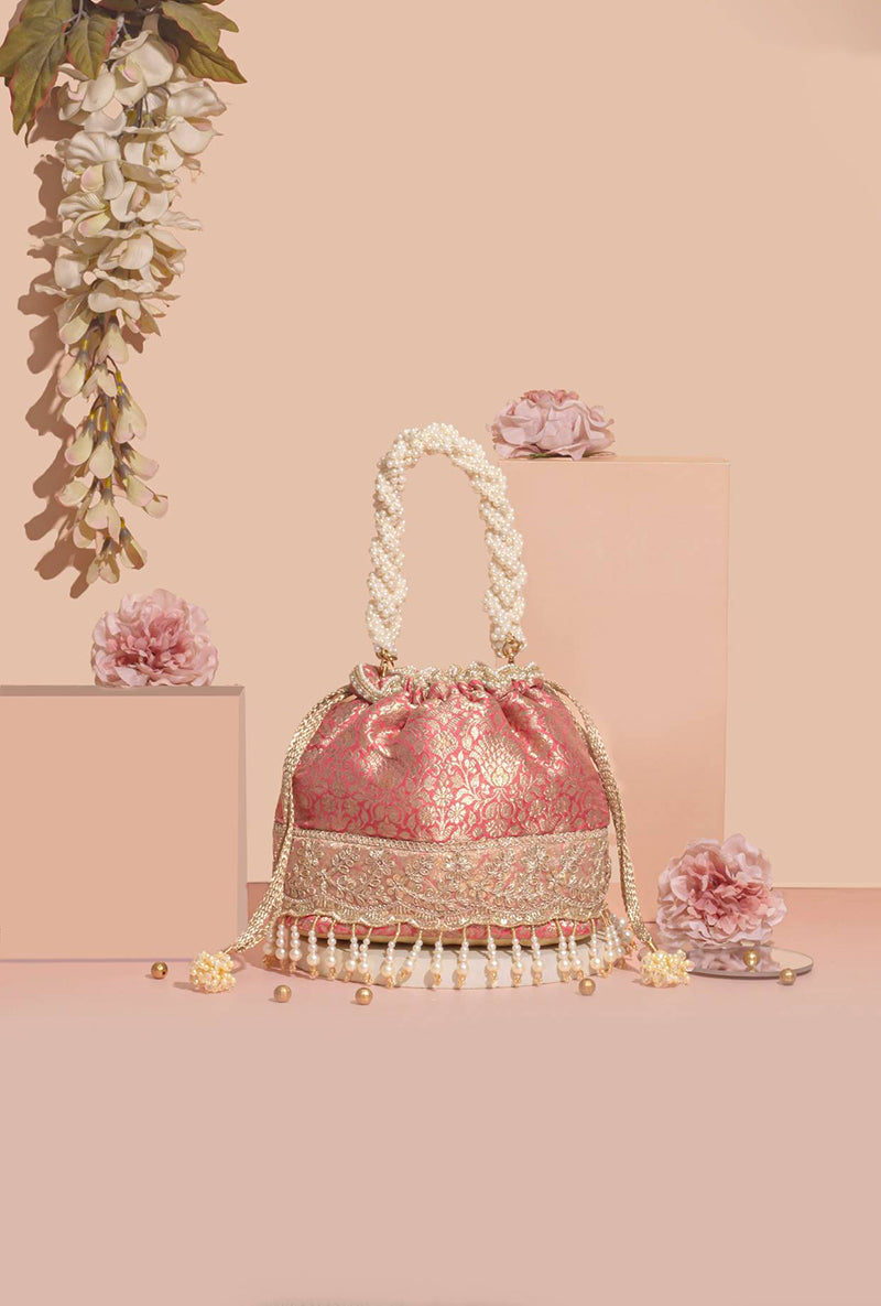 Yavi Banarasi Bucket Bag- Pink