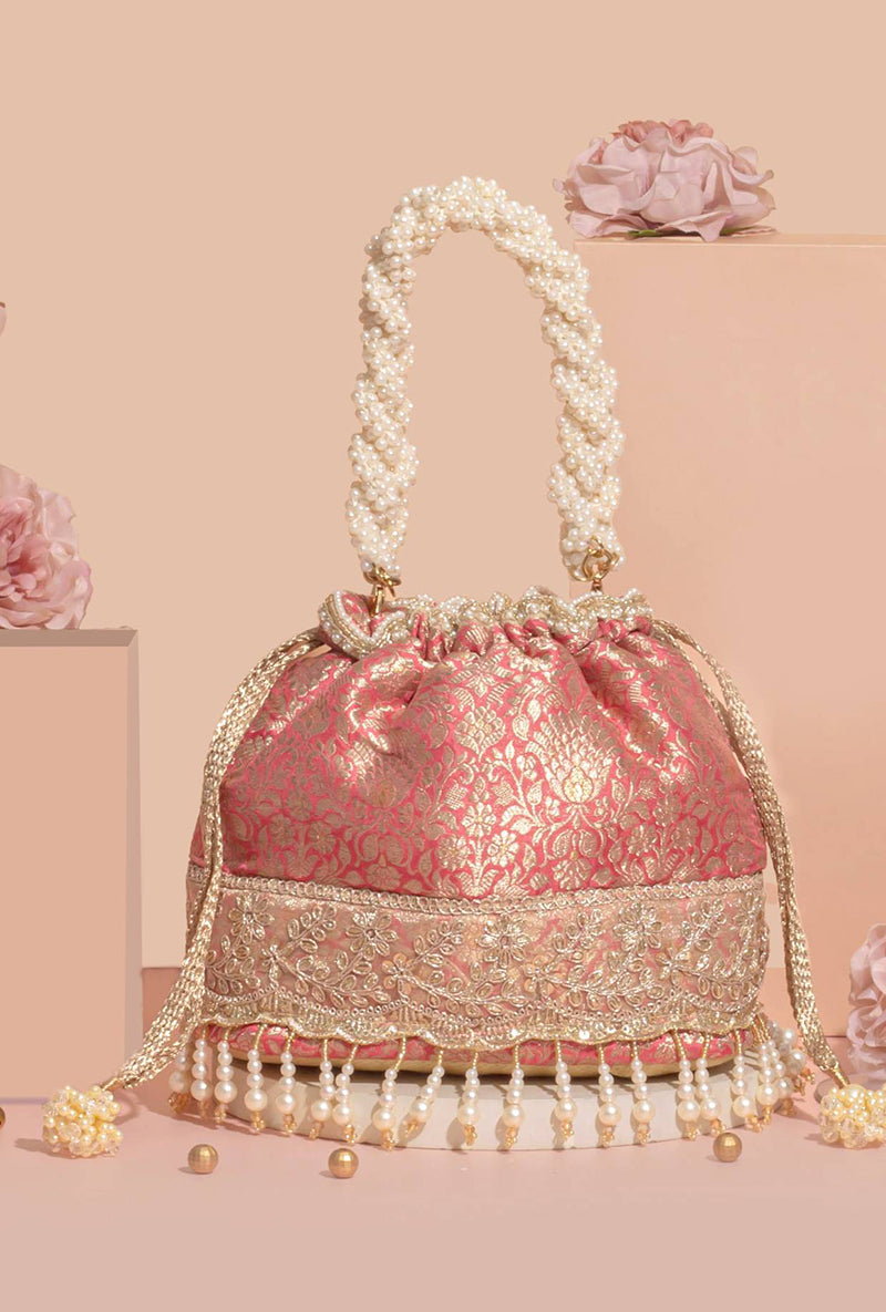 Yavi Banarasi Bucket Bag- Pink