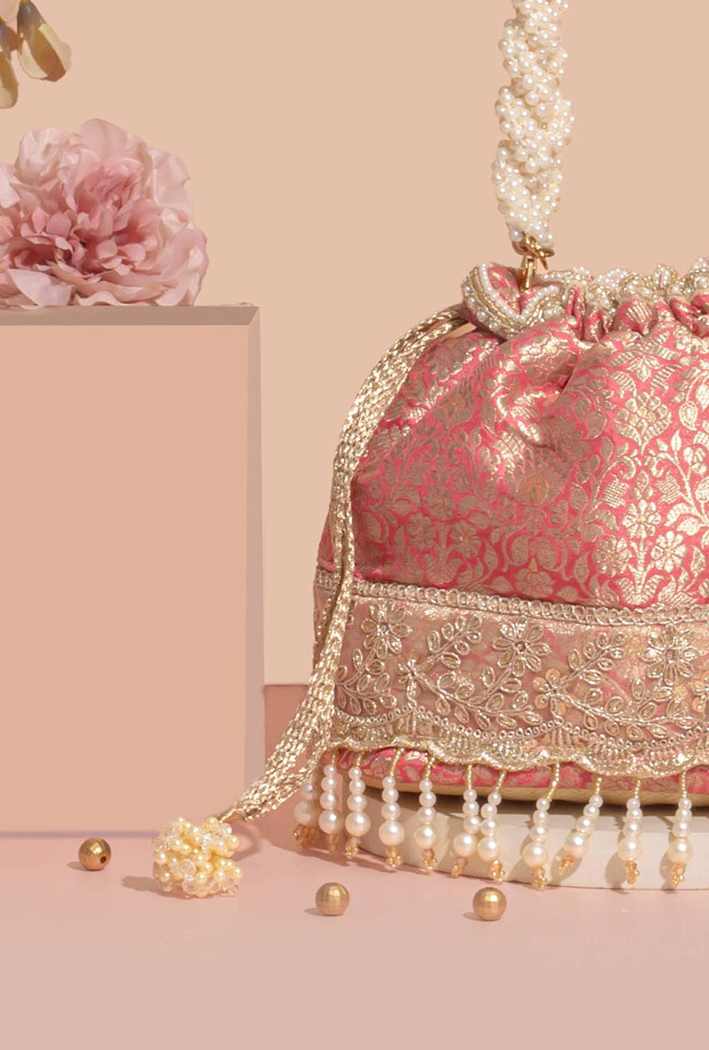Yavi Banarasi Bucket Bag- Pink