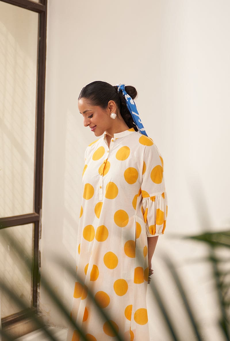 Meghna Nayyar in Yellow Polka Lovebirds Kurta Set