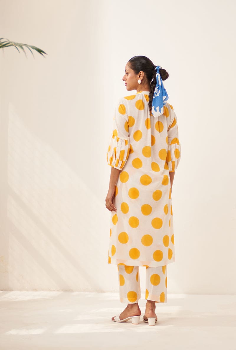 Meghna Nayyar in Yellow Polka Lovebirds Kurta Set