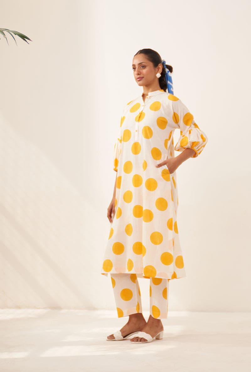 Meghna Nayyar in Yellow Polka Lovebirds Kurta Set