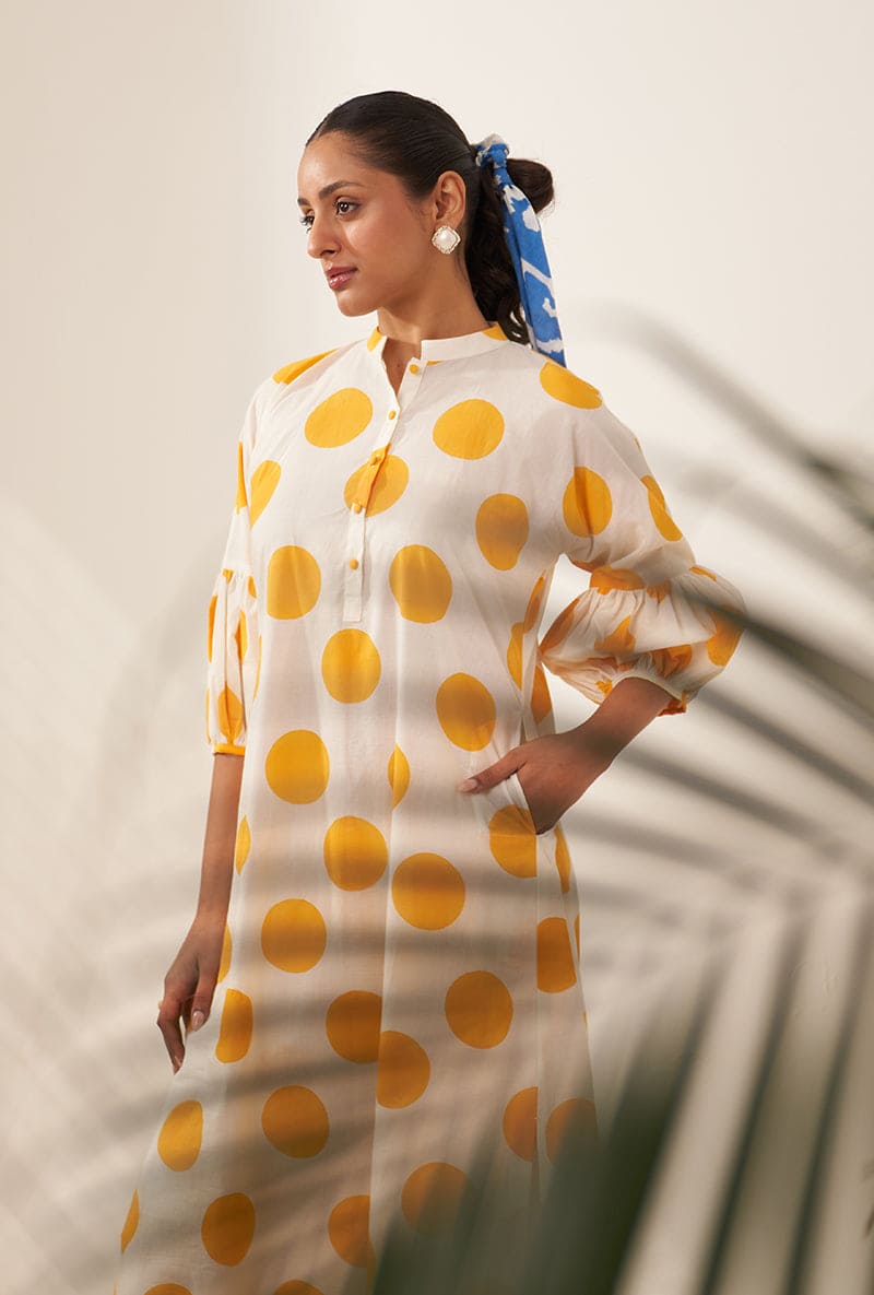 Meghna Nayyar in Yellow Polka Lovebirds Kurta Set