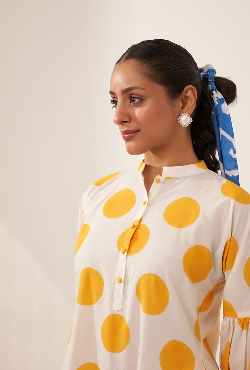 Meghna Nayyar in Yellow Polka Lovebirds Kurta Set