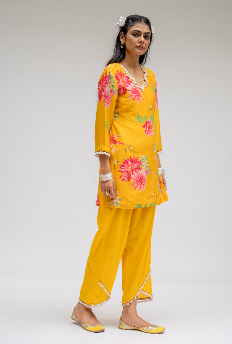 Yellow Printed Short Nyra Kurta Set