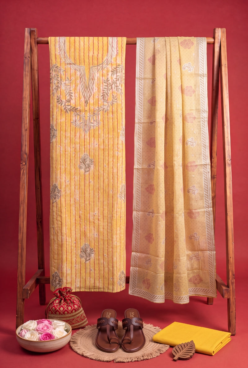 Gota Work Yoke Block Print Unstitched Suit Set