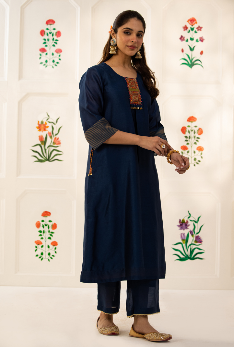 Blue Double Box Pleat Kishmish Kurta Set