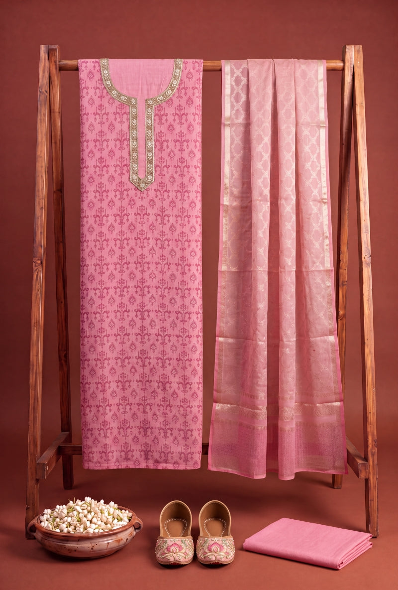 Zari and Moti Neck Block Print Unsitched Suit Set