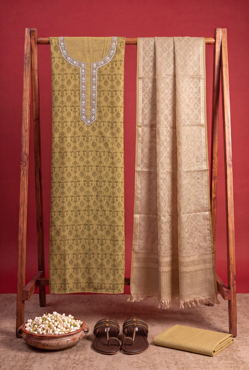 Zari and Moti Neck Block Print Unsitched Suit Set