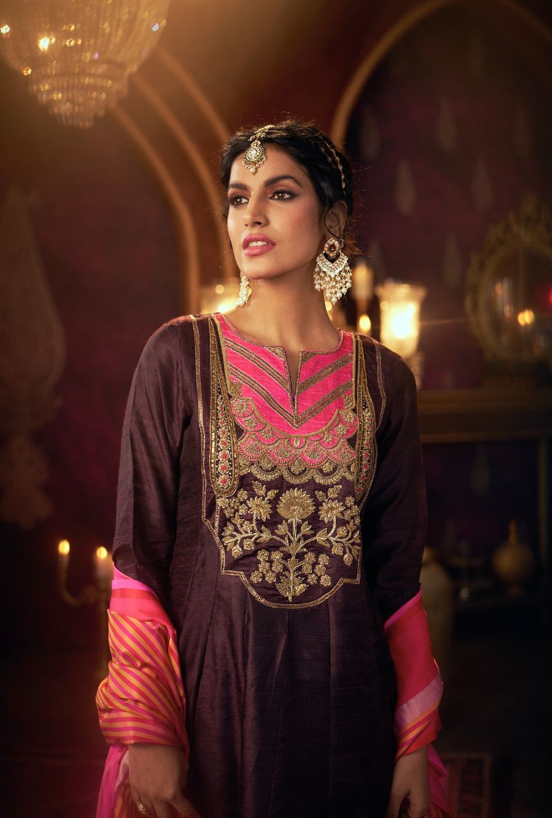 Wine Dabka and Resham Yoke Kainaat 2.0 Anarkali Set
