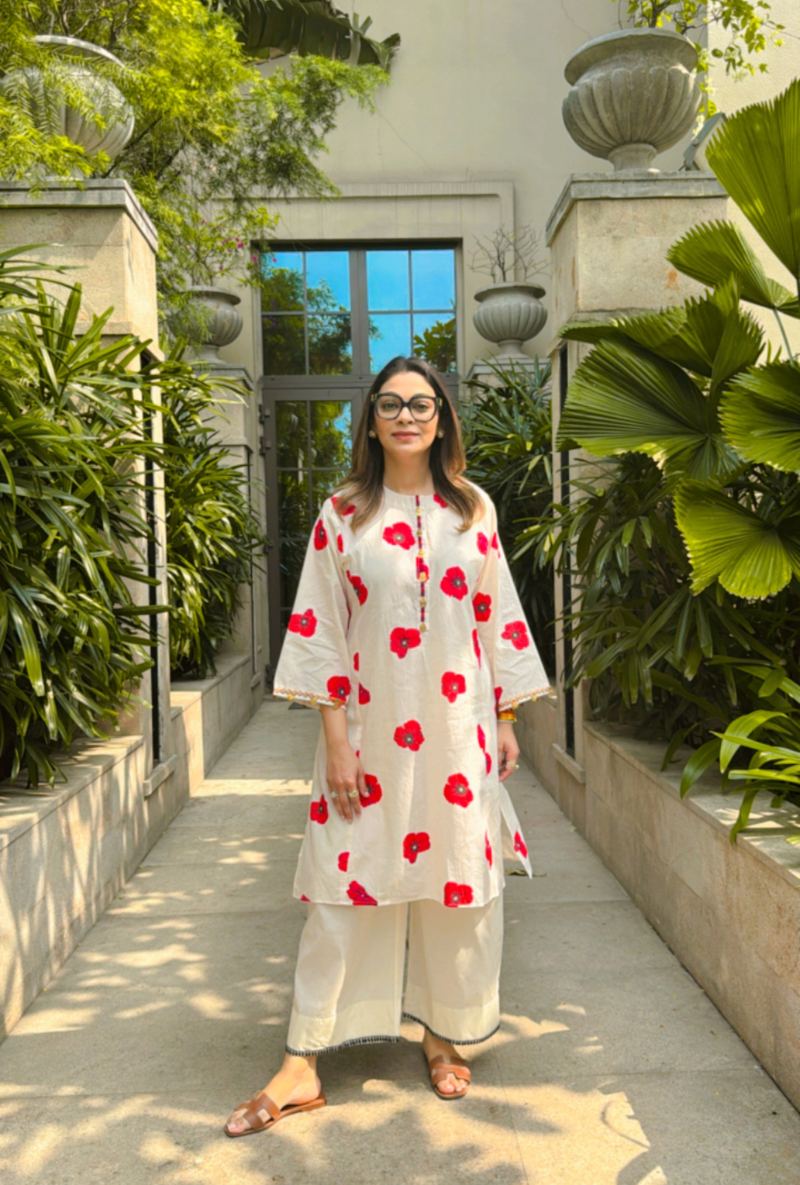 Meghna Nayyar in White Hand Embroidered Poppy Love Letters Kurta Set