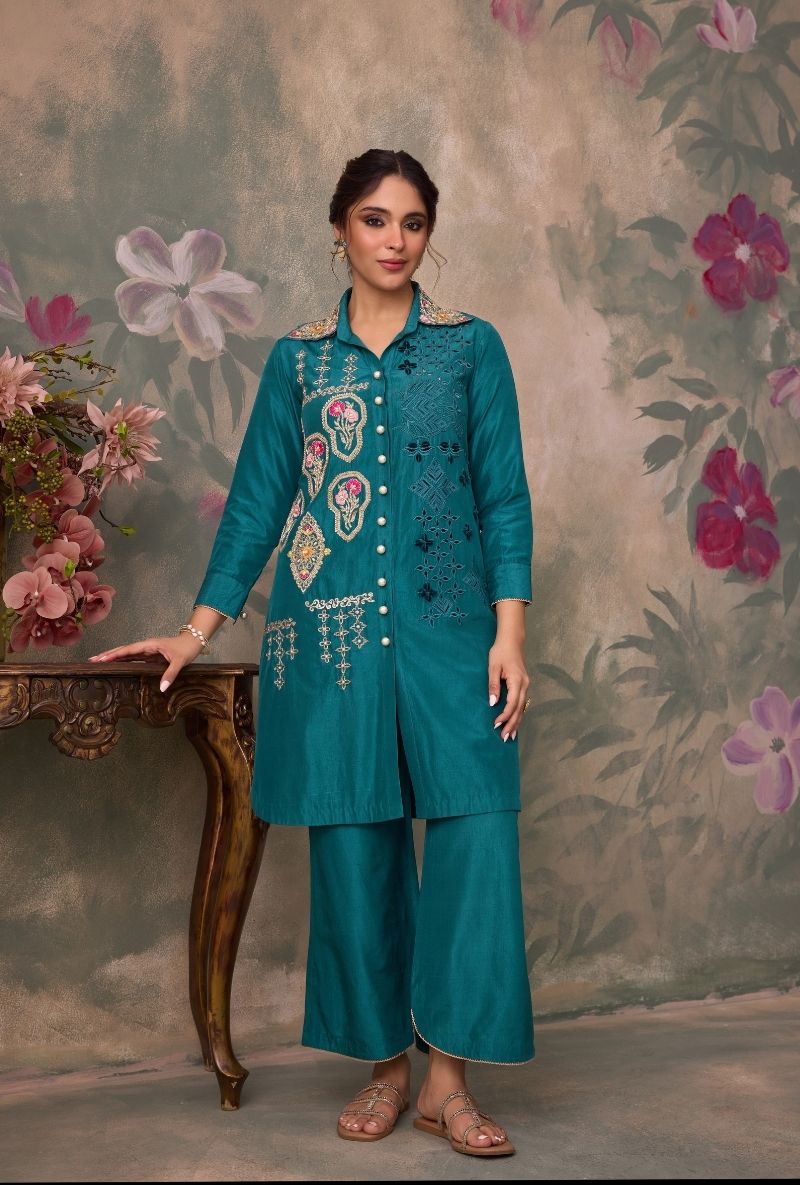 Teal Green Embroidered Side Panel Jalsa Co-Ord Set