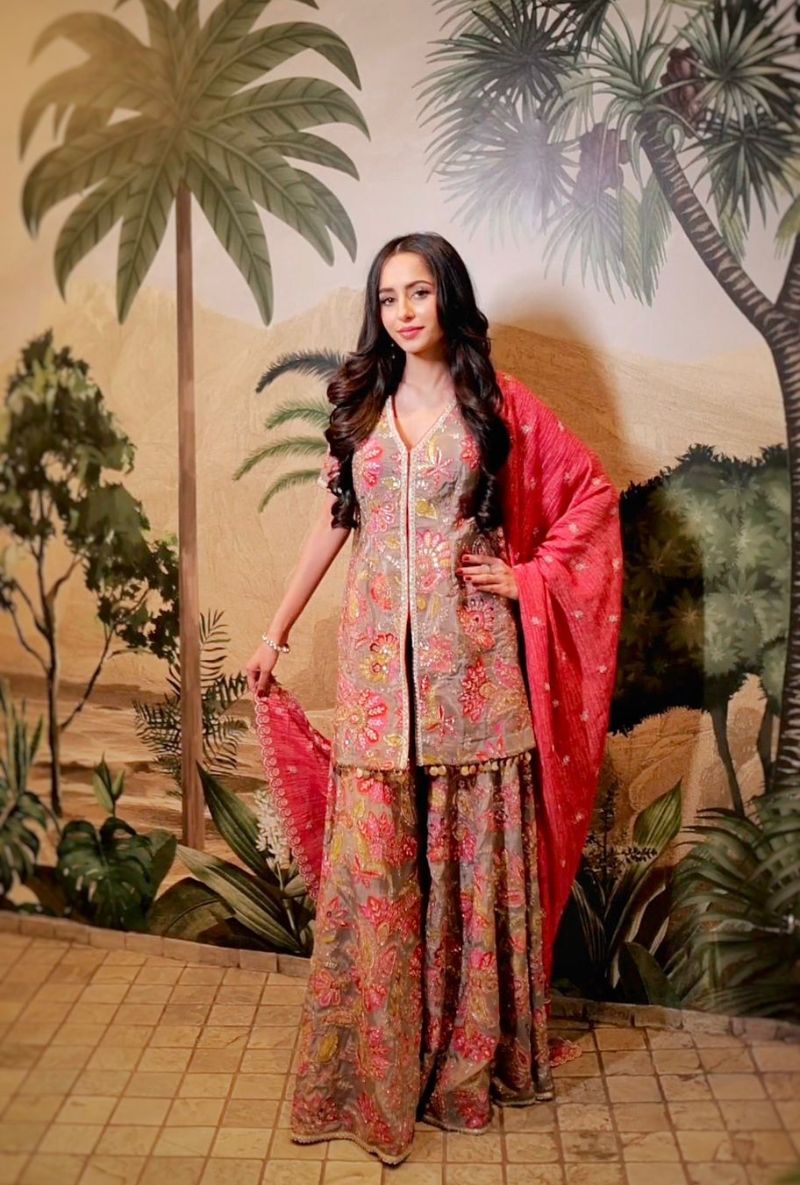 Soumya Puri in Grey All Over Printed Rumi Gharara Set