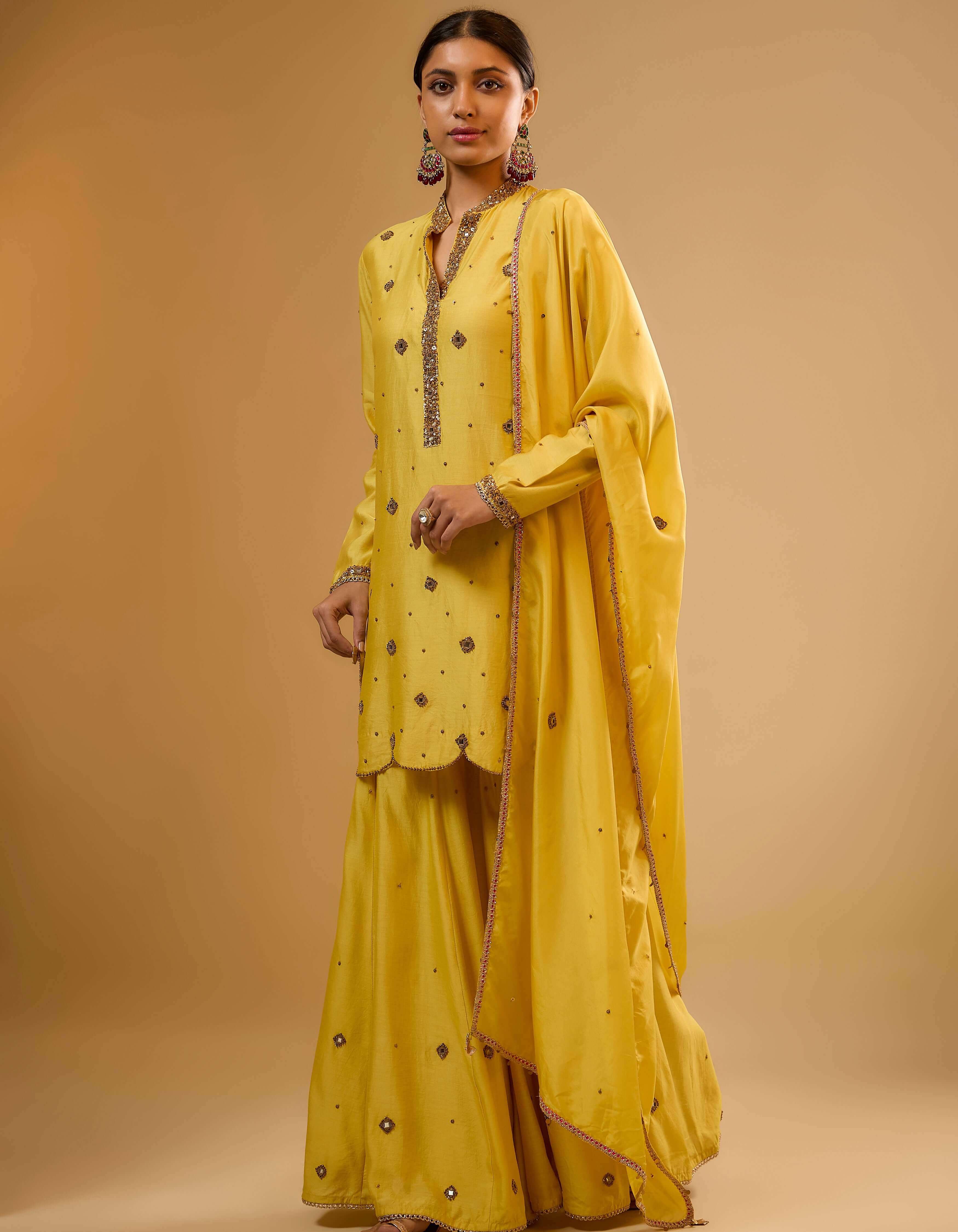 Yellow Mirror Work Rani Sharara Set