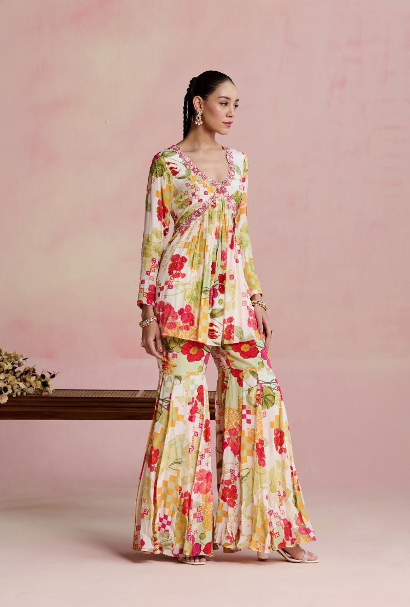 Multi Color Empire Line Short Kurta Amara Gharara Set