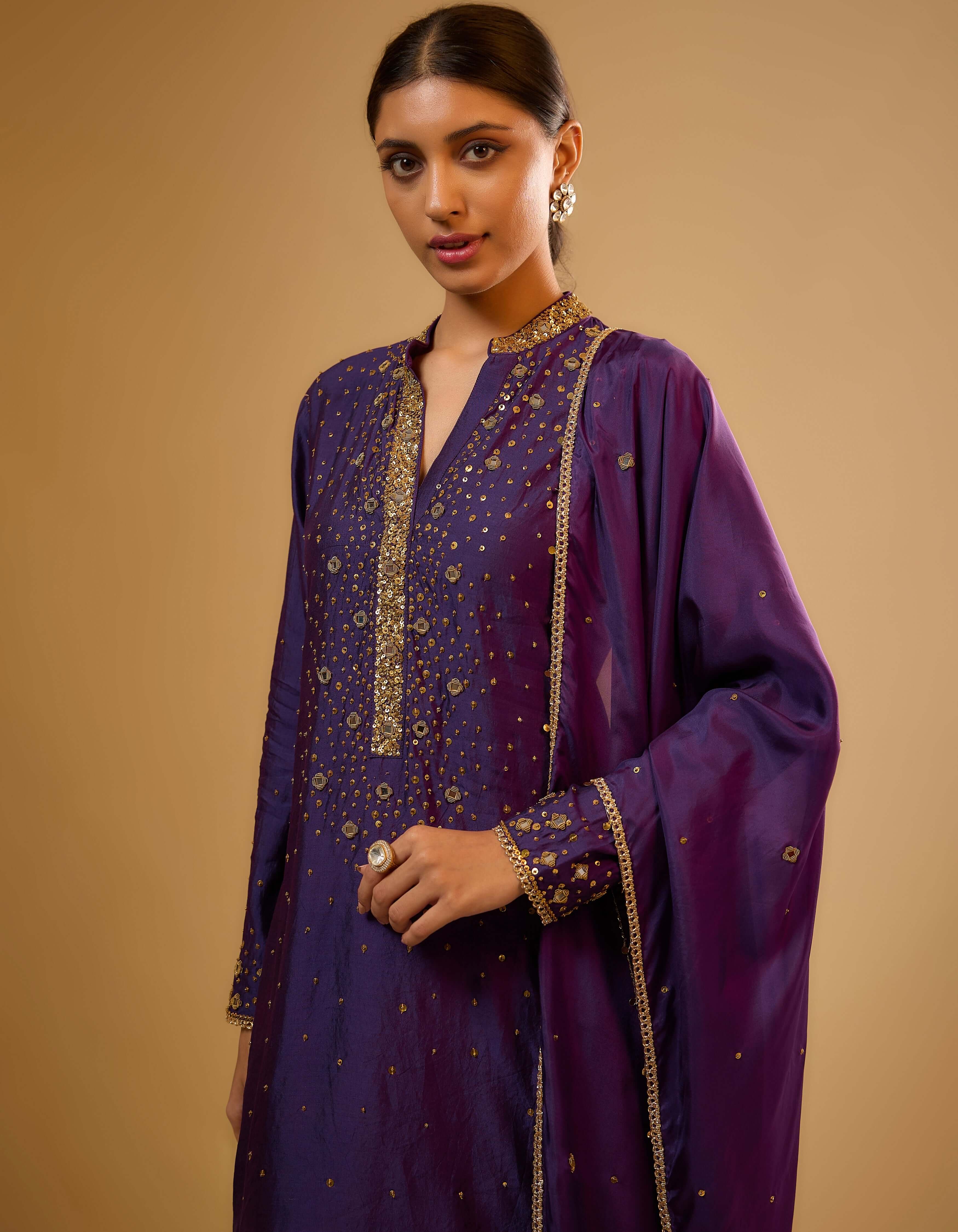 Purple Heavy Mirror Work Rani Sharara Set