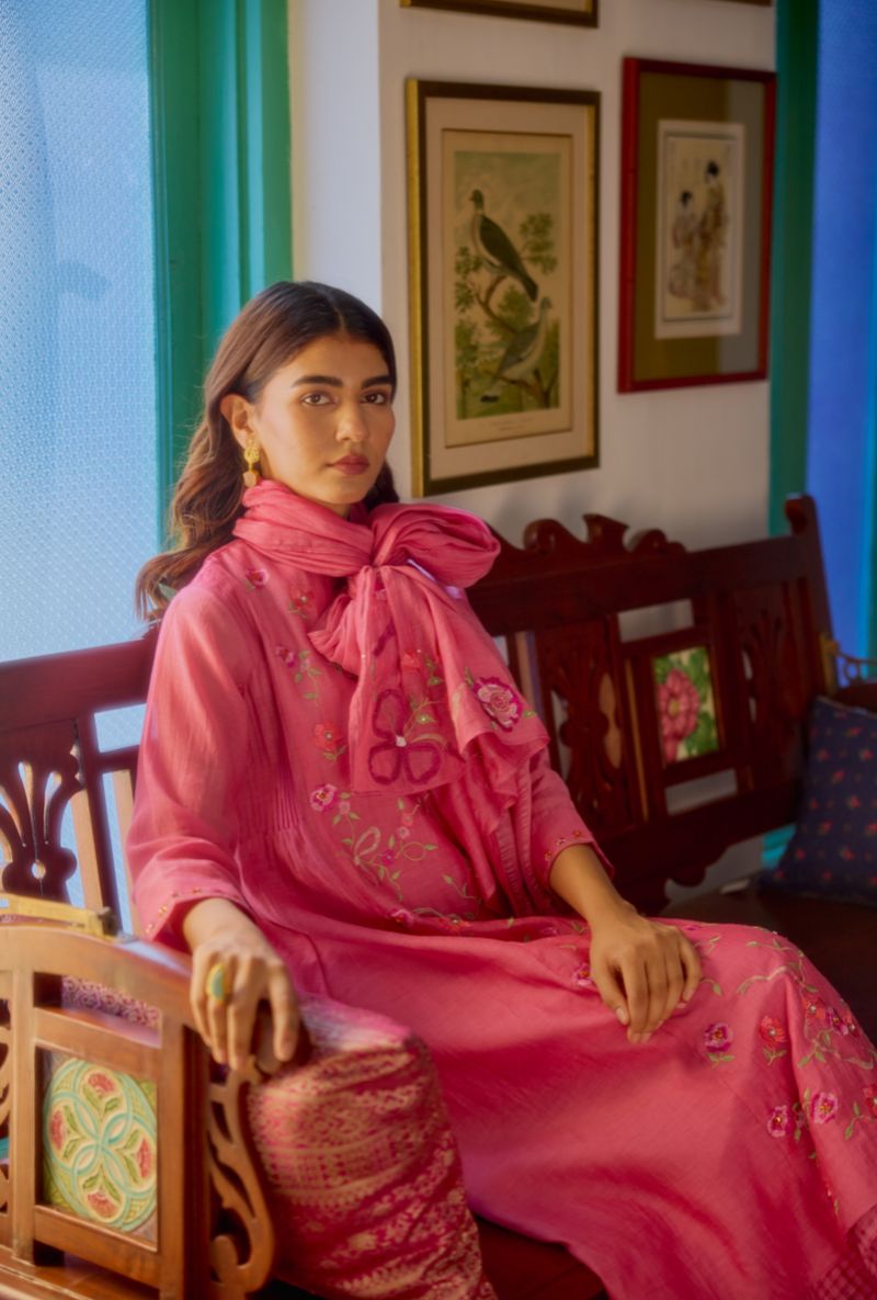 Pink Floral Embroidered &amp; Pintucks Vaidehi Kurta Set