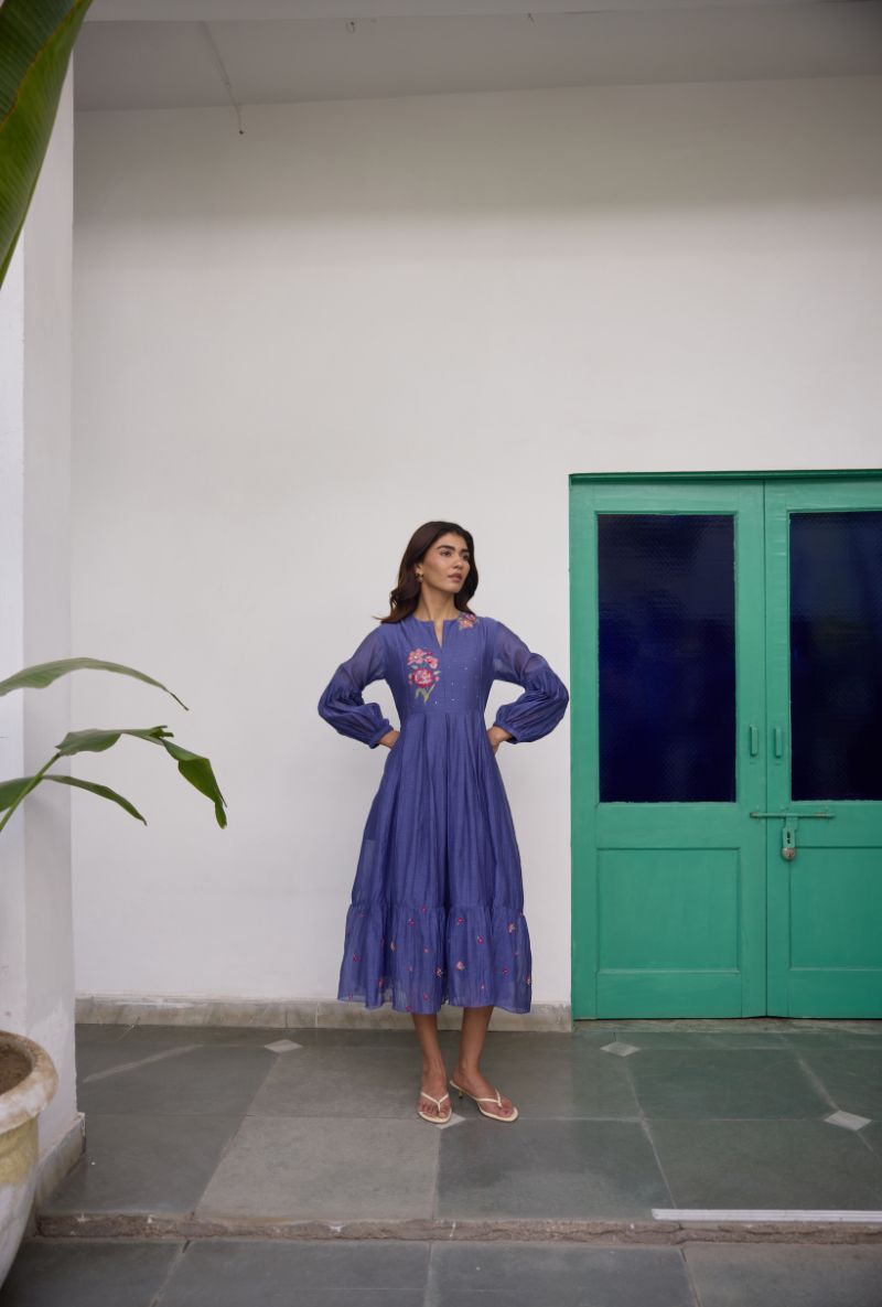 Blue Floral Embroidered Yoke Vaidehi Dress