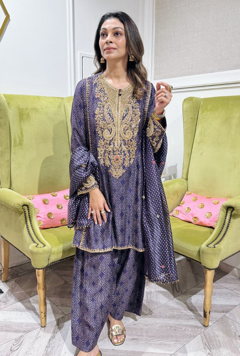 Meghna Nayyar in Purple Printed Pheran Short Kurta Set