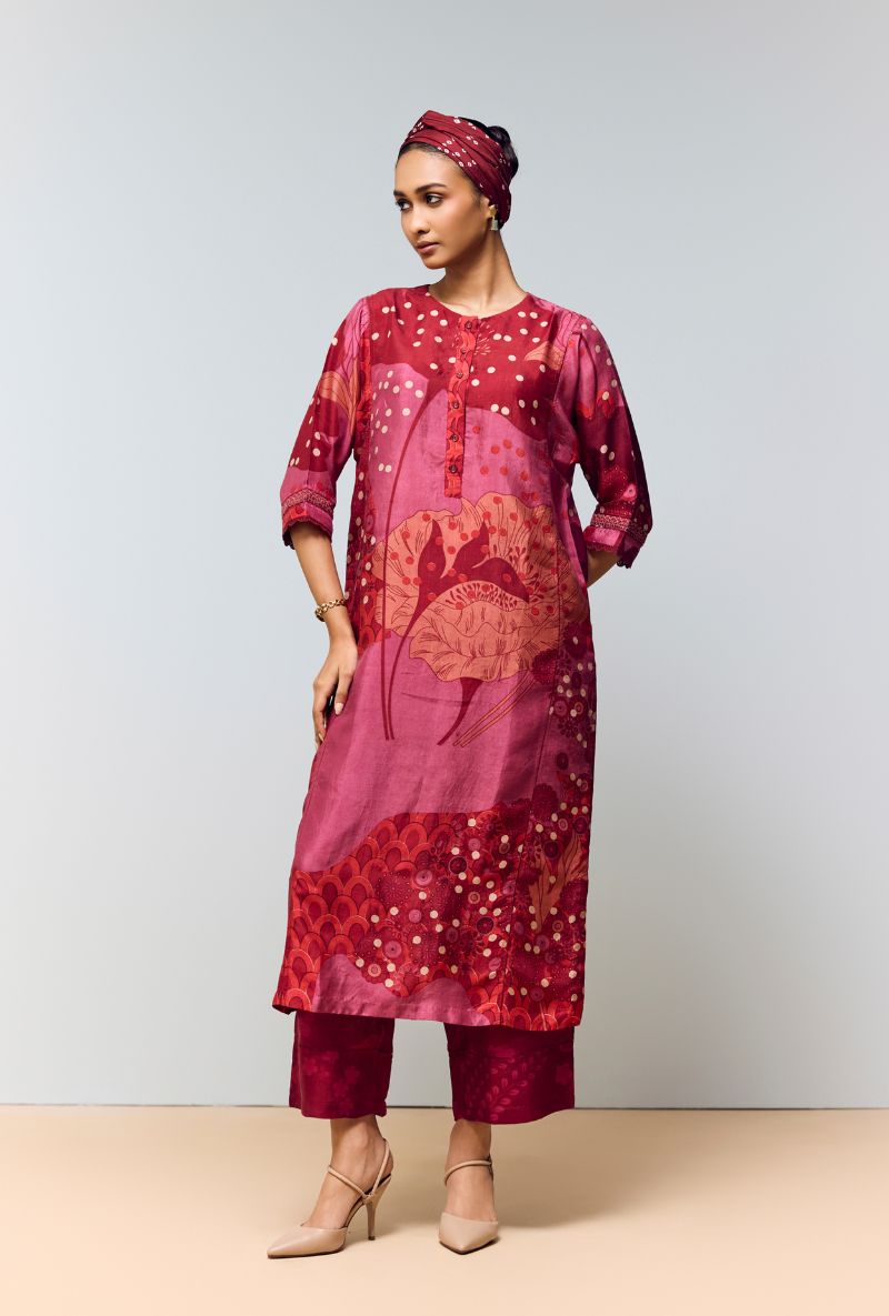 Deep Red Hand Printed Kaftan Sleeve Eden Co-Ord Set