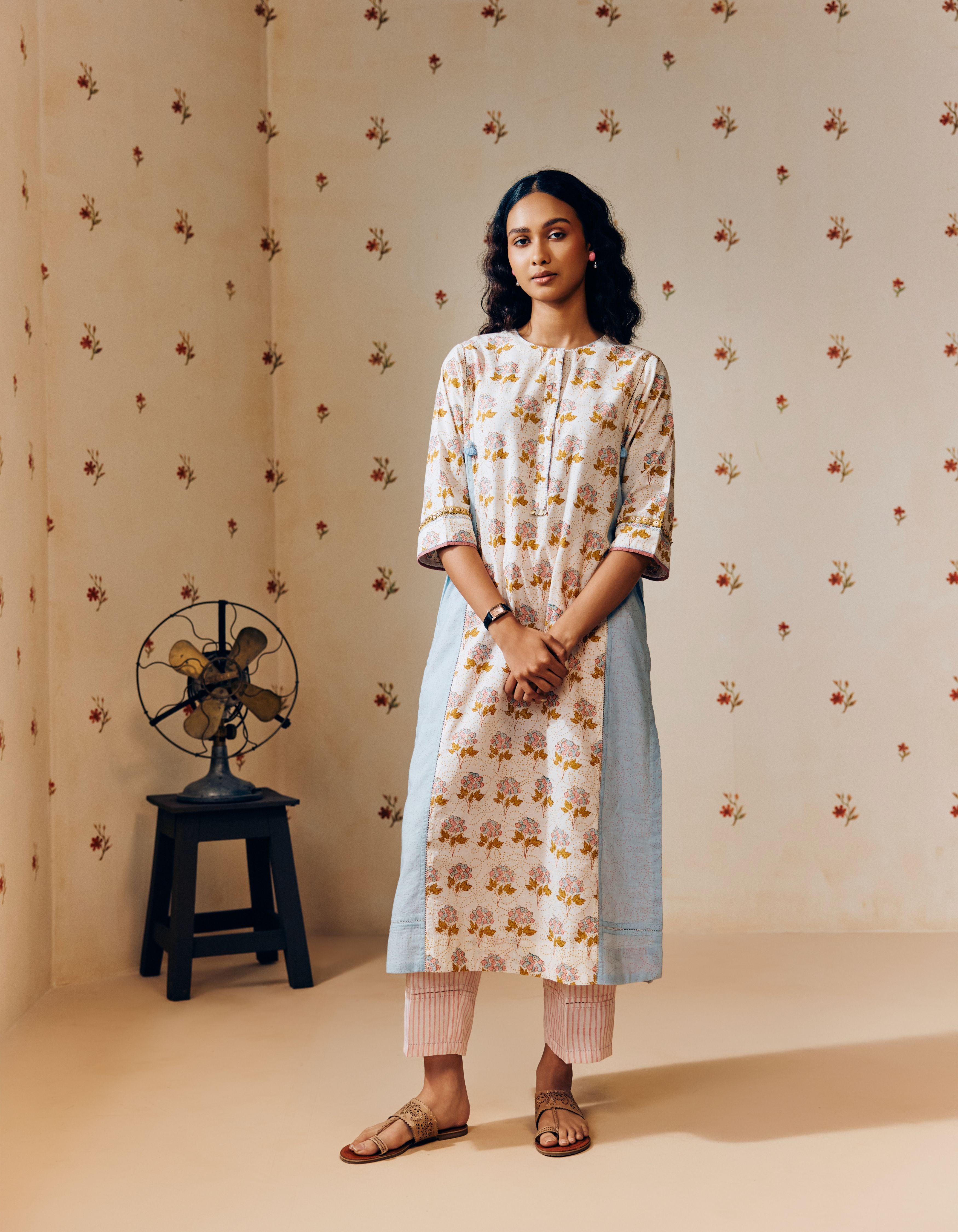 Off-White And Powder Blue Poppy Print Mia Kurta Set