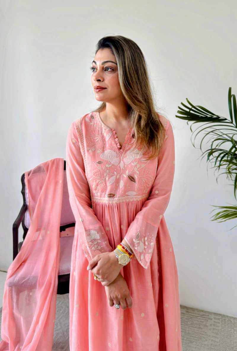 Meghna Nayyar in Peach Applique Yoke Nazam Kurta Set