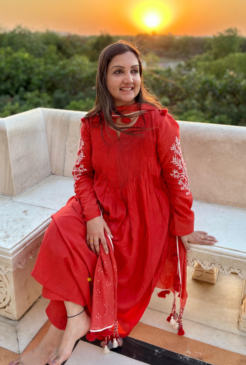Madhuri Grover in Coral Motif Pintuck Inaya Kurta Set
