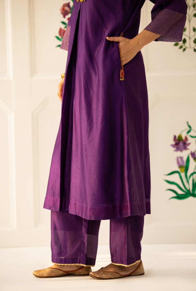 Purple Double Box Pleat Kishmish Kurta Set