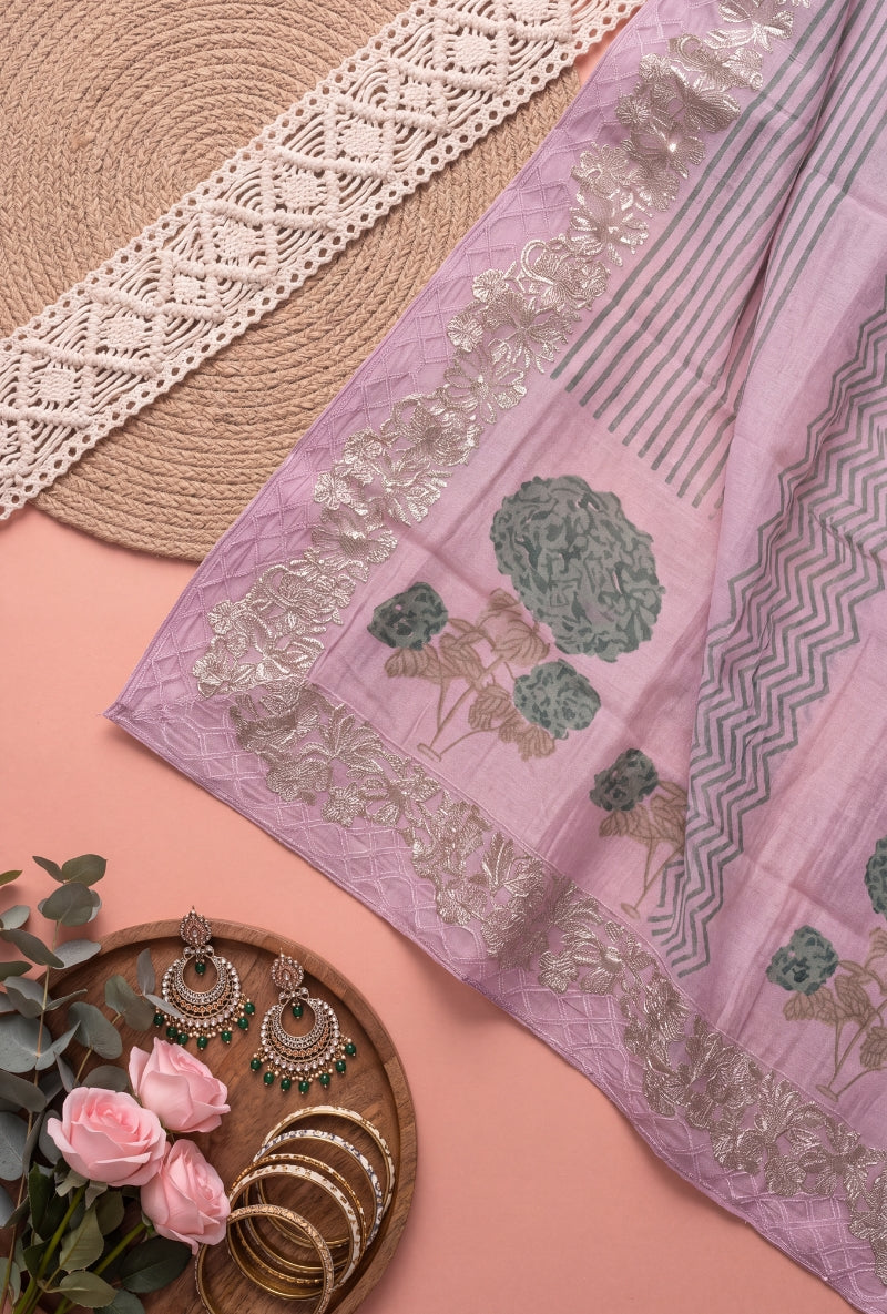 Foil work Yoke Block Print Unstitched Suit Set