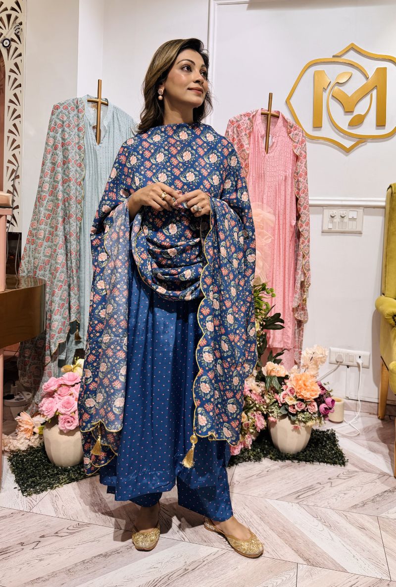 Meghna Nayyar in Blue Polka Dot Print A-Line Iris Kurta Set