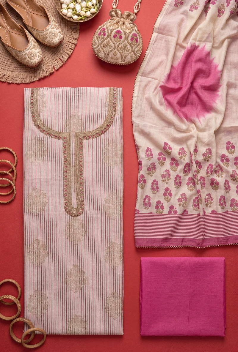 Banarsi Weaving Stripes Block Print Unsitched Suit Set