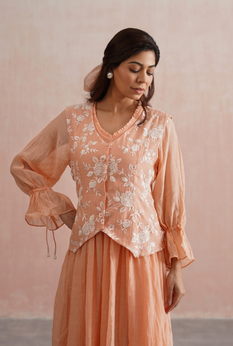 Peach Pearl Embroidered Waistcoat Prisha Dress